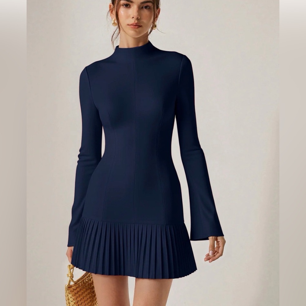 Commense Navy Long Sleeve Pleated Hem Mini Dress